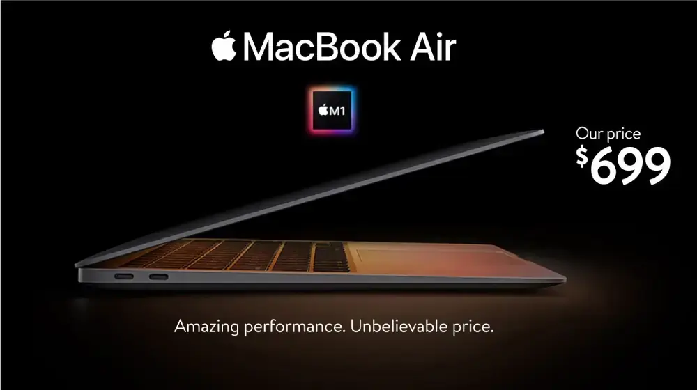 Publicit&eacute; de Walmart ventant le prix bas du MacBook Air M1.