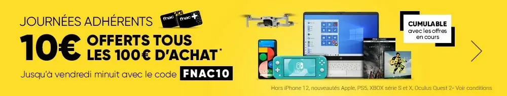 10€ tous les 100€ d'achat pour les adhérents Fnac et 10% sur les Mac M1 personnalisés