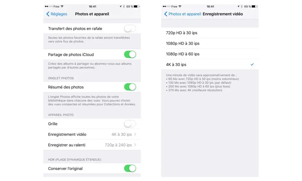 iPhone 6s : comment activer la capture vidéo en 4k ?