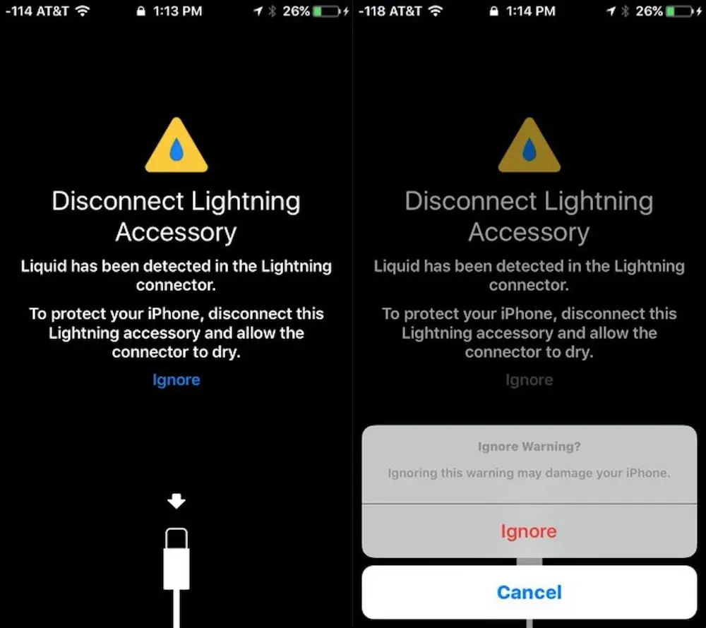 iOS 10 : un avertissement en cas d'infiltration de liquide dans le port Lightning