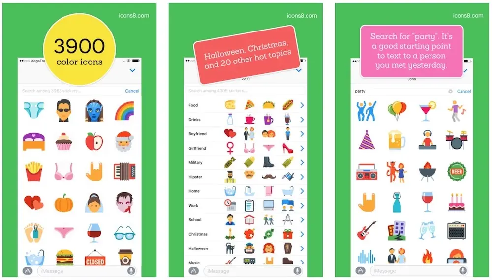 Icons8 propose un pack (gratuit) de 3940 autocollants pour iMessage