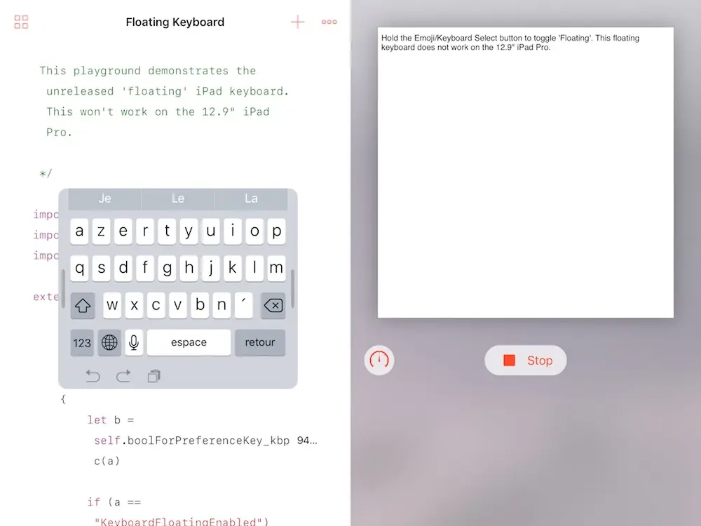 Le mini-clavier flottant de l'iPad se teste dans Swift Playgrounds