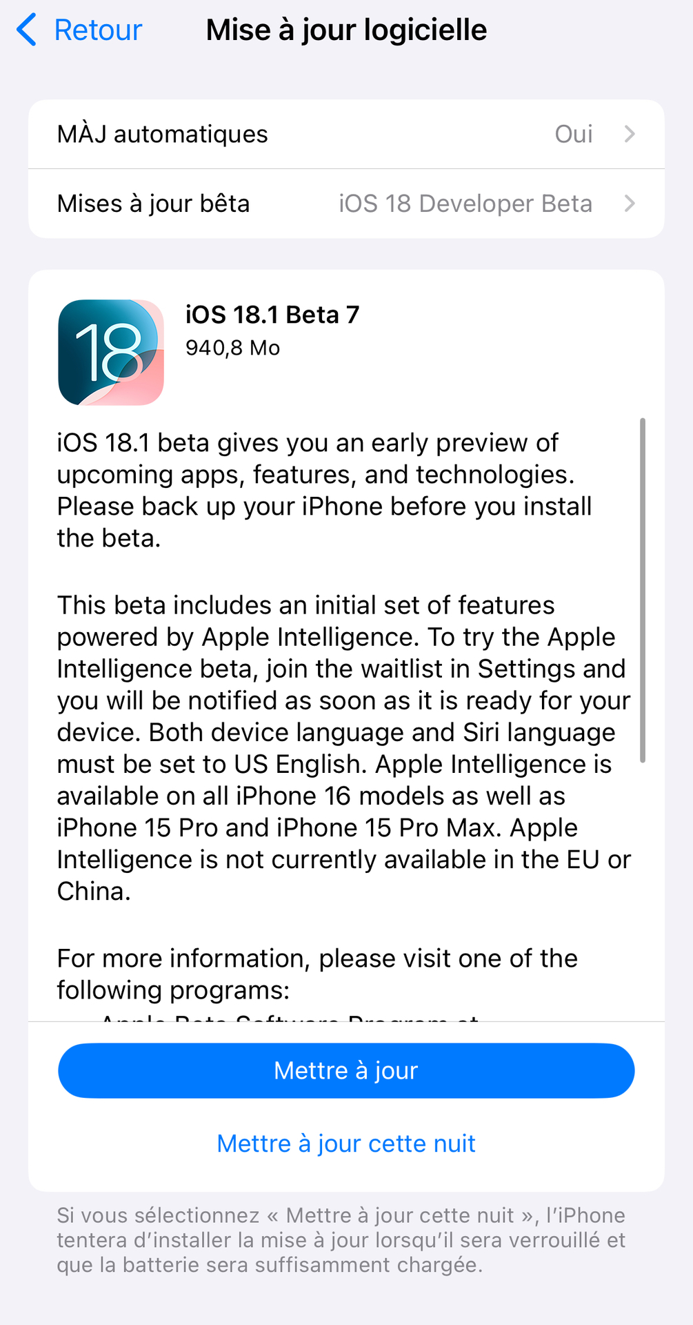 De nouvelles bêtas pour iOS 18.1, iPadOS 18.1, watchOS 11.1, tvOS 18.1 et visionOS 2.1