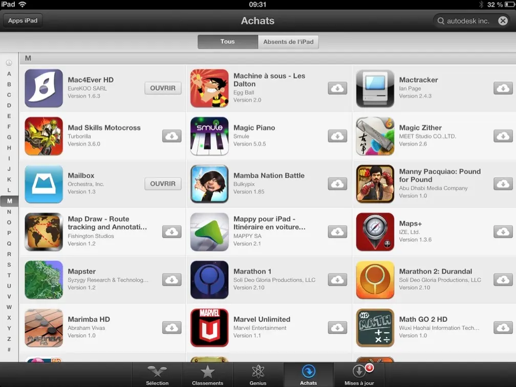 L'App Store iPad retrouve vos achats par ordre alphabétique