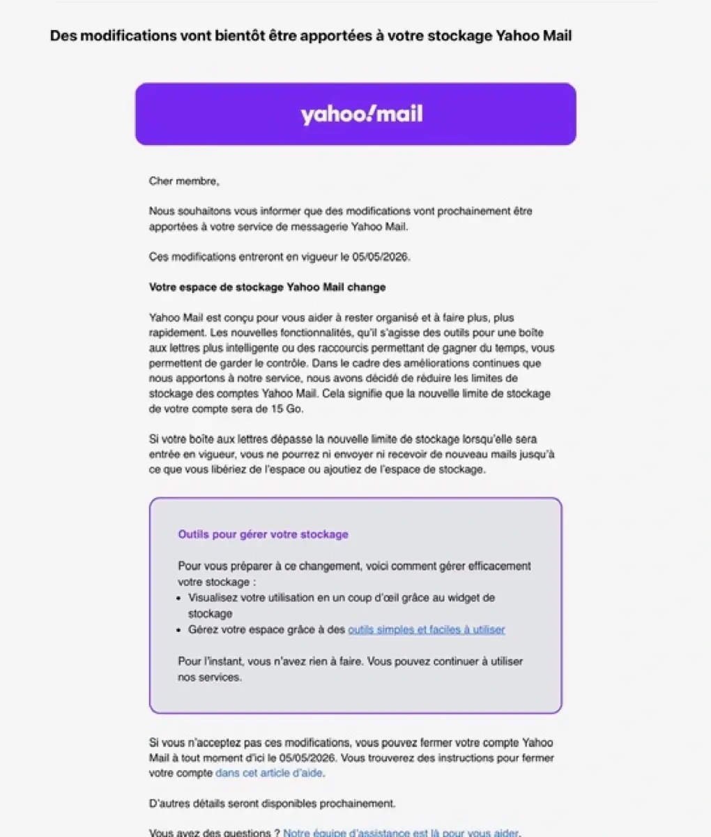 De 1 To &agrave; 15 Go, la descente aux enfers du stockage Yahoo Mail continue