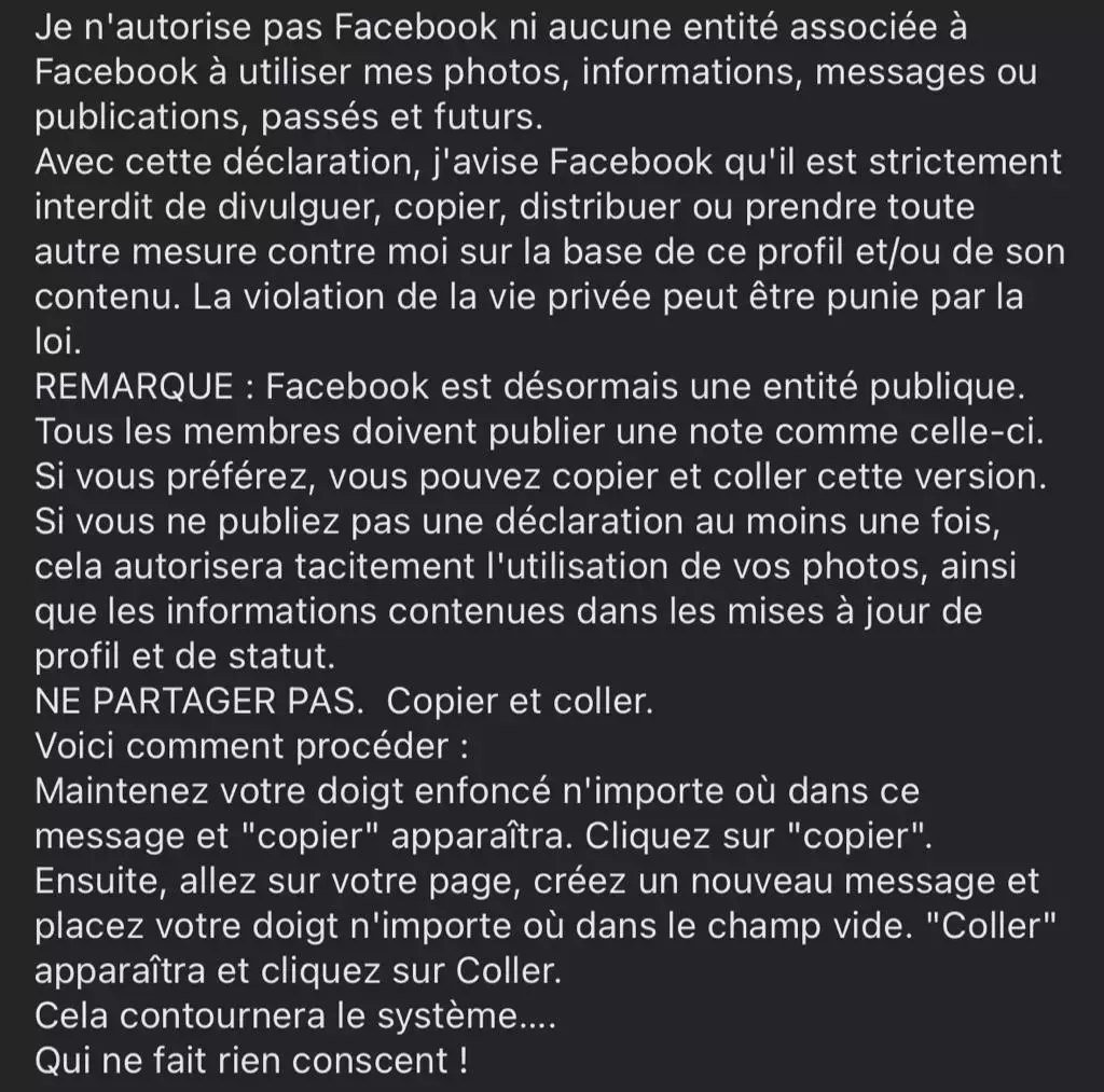 Copier-coller ce message pour protéger ses données sur Facebook ne sert à rien !