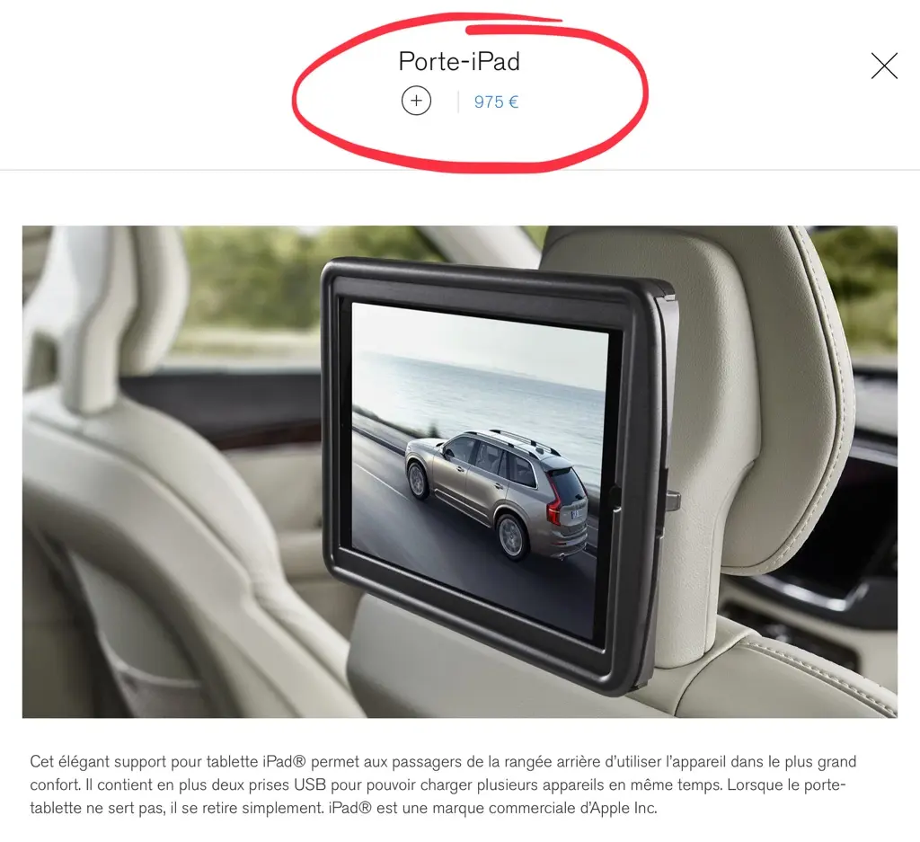 L'image du soir : chez Volvo, les supports pour iPad sont plus chers que les tablettes !