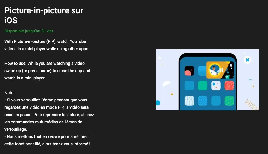 iOS : le PiP dispo en bêta pour les abonnés YouTube Premium