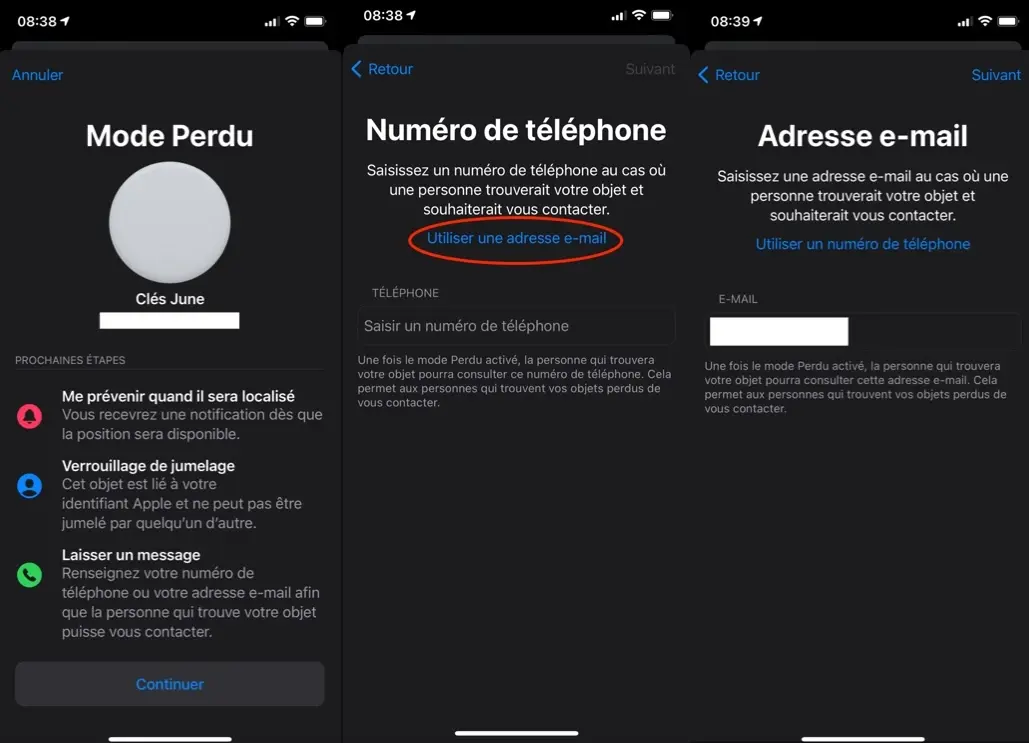 AirTag : iOS 14.6 permet d'ajouter une adresse mail en mode Perdu