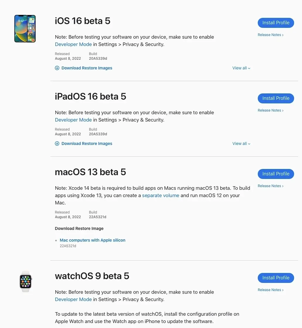 Apple propose les bêtas 5 d'iOS / iPadOS 16, watchOS 9, macOS Ventura et tvOS 16