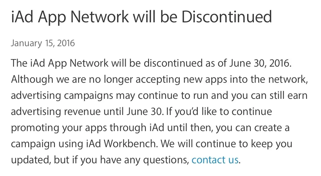 Apple confirme l'arrêt d'iAd au 30 juin 2016