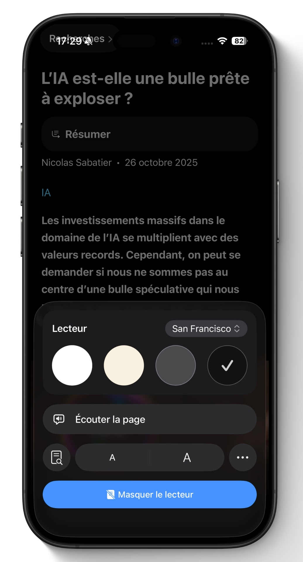Le mode lecteur permet de changer la couleur de fond ainsi que la police de caractères.