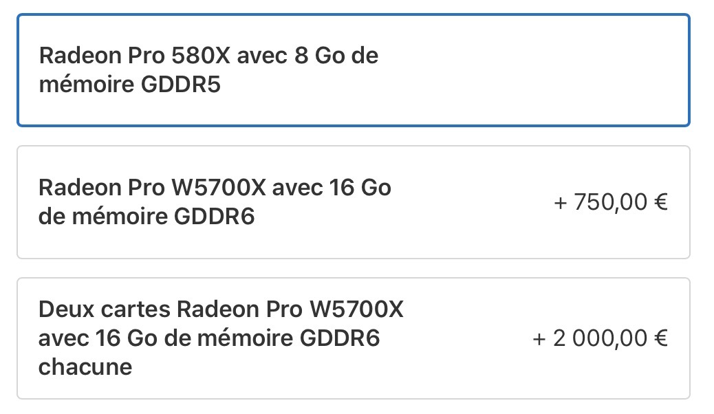 L'AMD Radeon Pro W5700X est dispo (à 750€) sur le Mac Pro