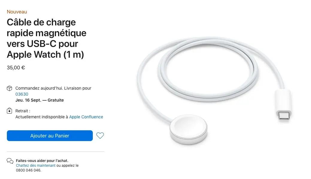 Le câble de charge USB-C pour Apple Watch est disponible à 35€ sur l'Apple Store