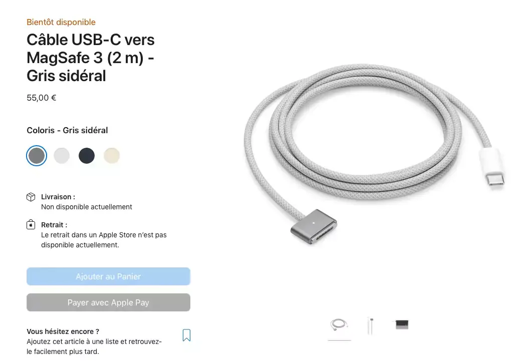 Des câbles MagSafe 3 aux couleurs des MacBook Air M2 (et en Gris Sidéral pour les MacBook Pro)