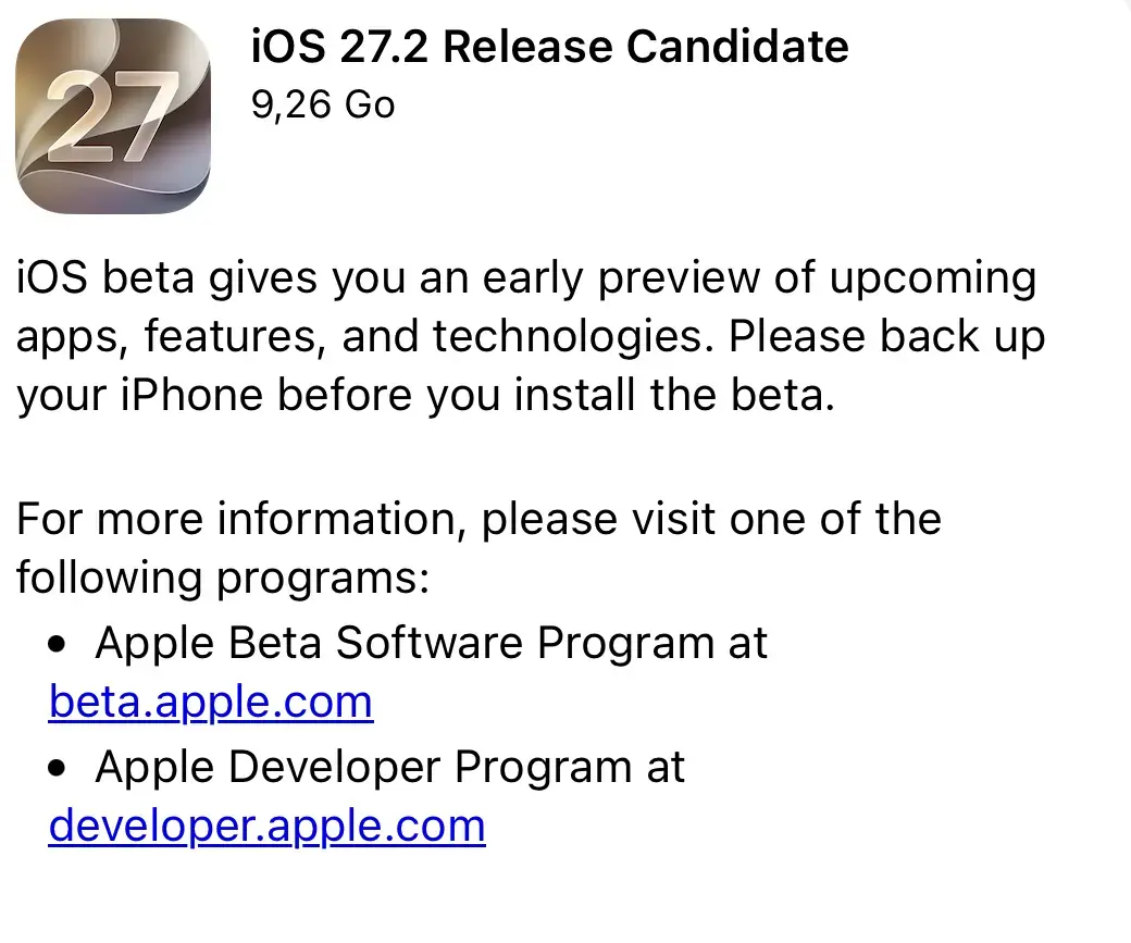iOS 27.2, iPadOS 27.2, macOS 27.2 et watchOS 27.2 en approche (Release Candidate)