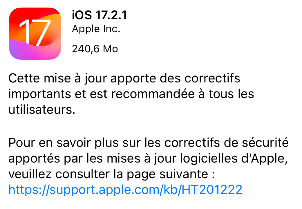 Mises à jour de sécurité avec iOS 17.2.1 et macOS Sonoma 14.2.1