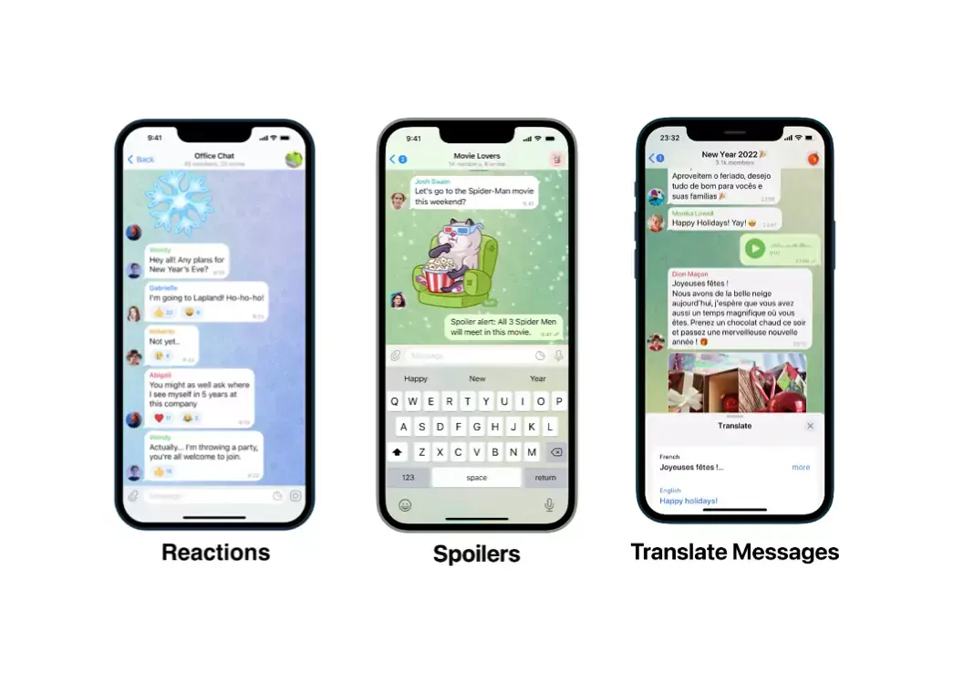 Telegram ajoute les réactions aux messages, le mode Spoiler et la traduction