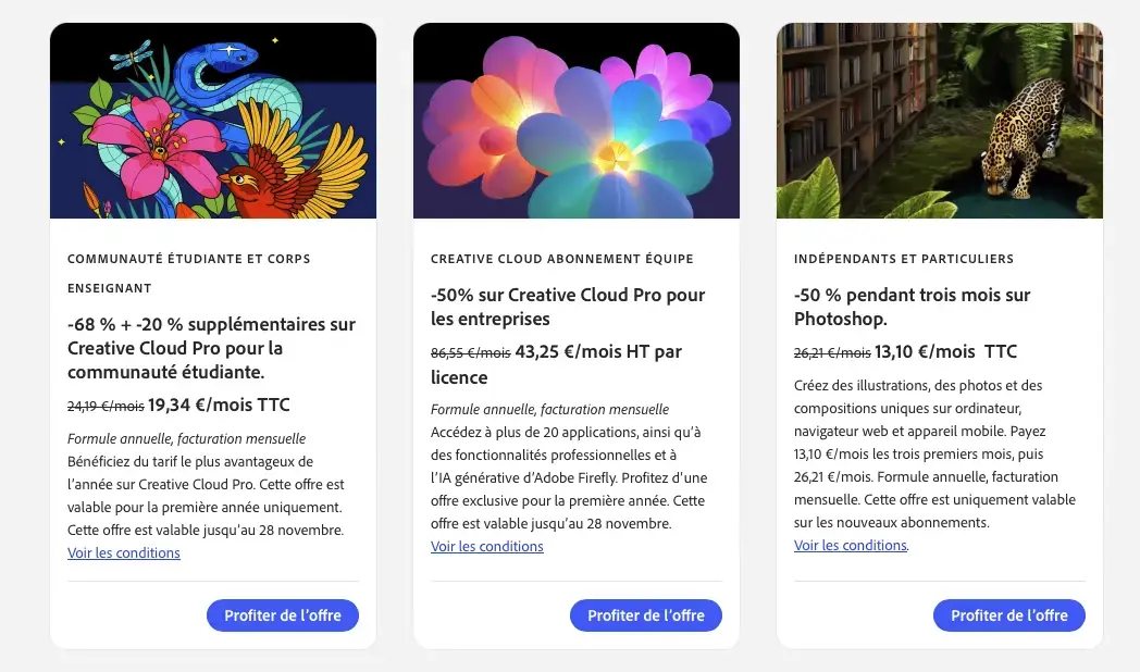 Adobe casse les prix sur Creative Cloud, Photoshop et Adobe Express (jusqu’à –69%)