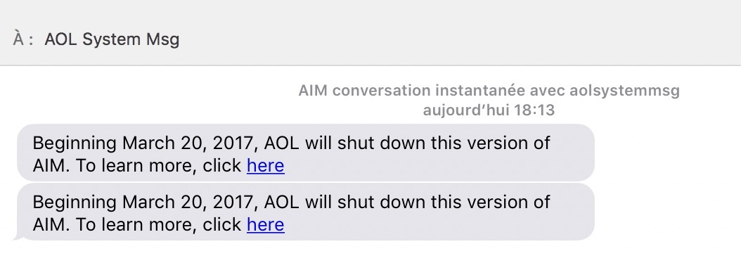 AIM notifie les utilisateurs de Messages (ex-iChat) que le service va couper !