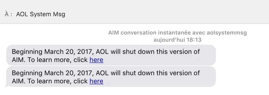 AIM notifie les utilisateurs de Messages (ex-iChat) que le service va couper !