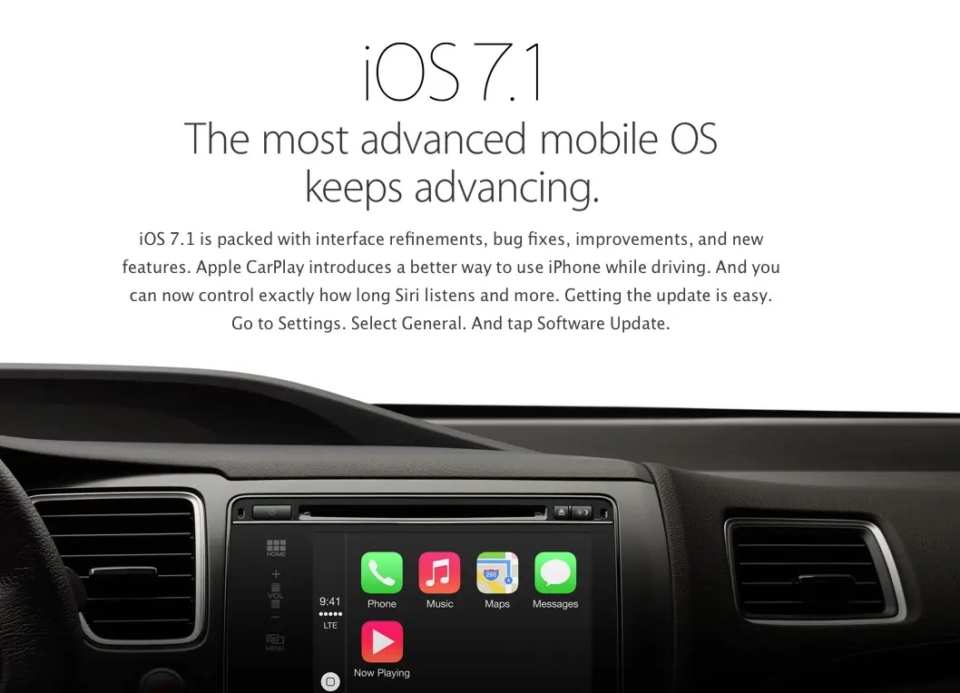 Apple consacre une pleine page à iOS 7.1, qui intègre CarPlay