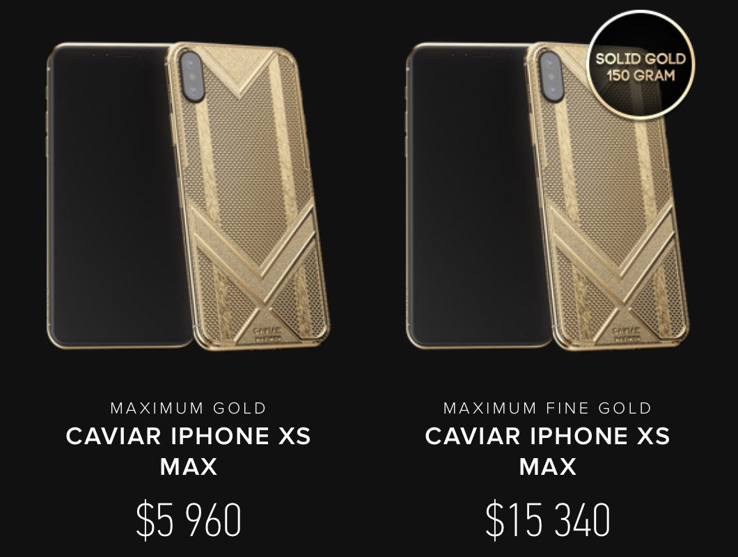 Caviar propose des iPhone XS Max entre 5200 et 15 000 $ (or, platine ou diamants "bling bling")