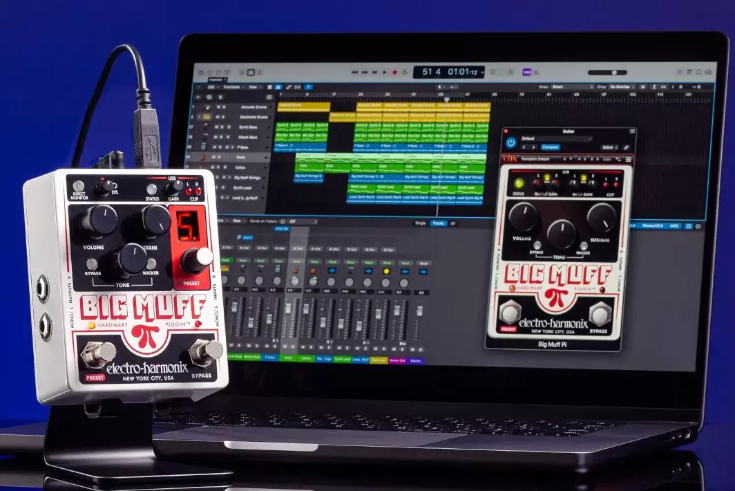 Une pédale Big Muff servant également d'interface audio chez Electro Harmonix