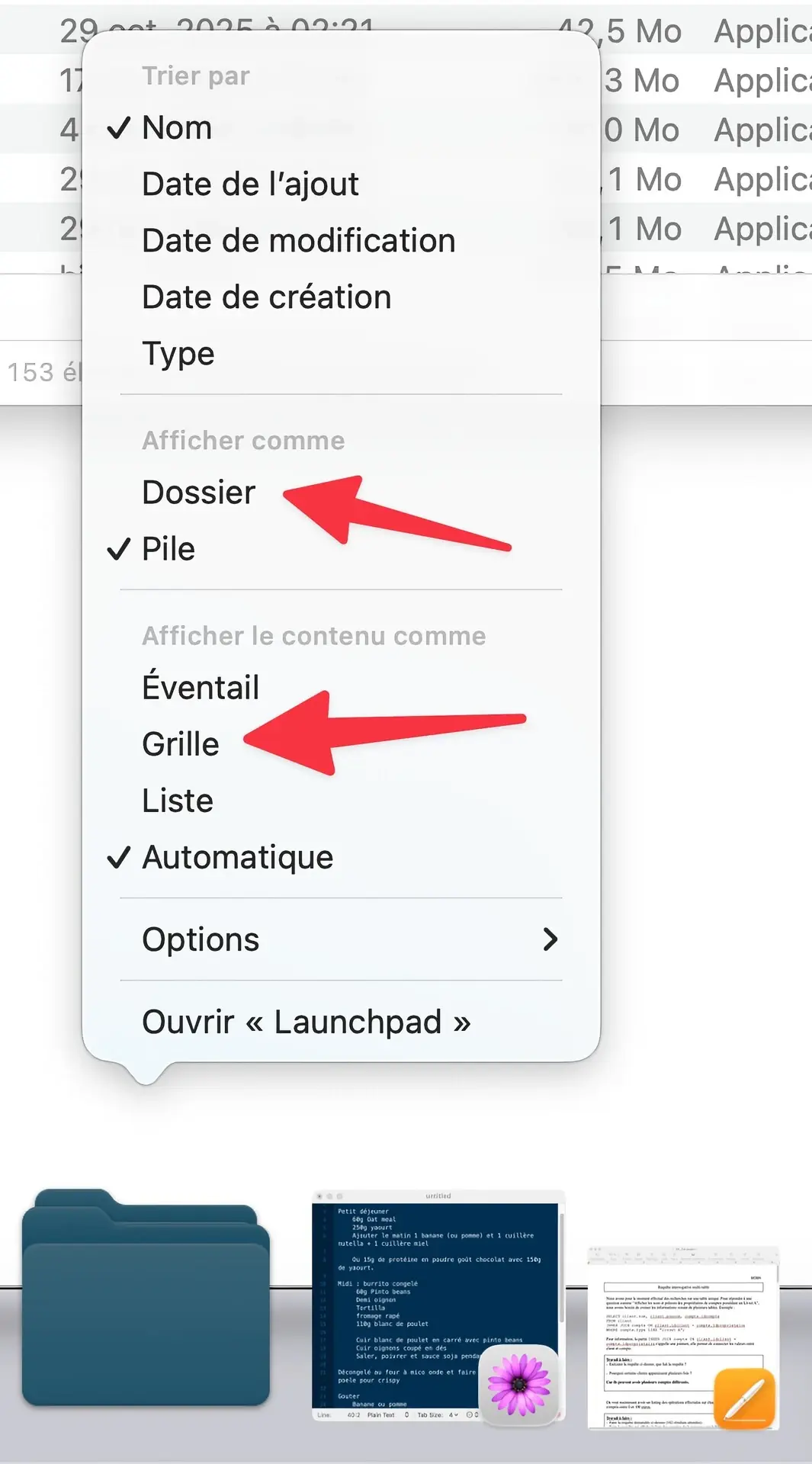 Pour un affichage proche du Launchpad, choisissez d'afficher comme un dossier en grille.
