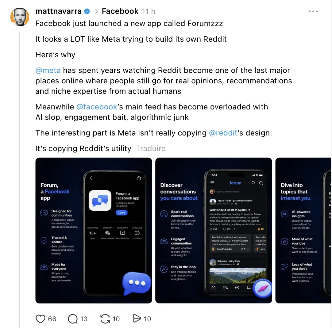 Meta lance discr&egrave;tement Forum, une nouvelle application inspir&eacute;e de Reddit