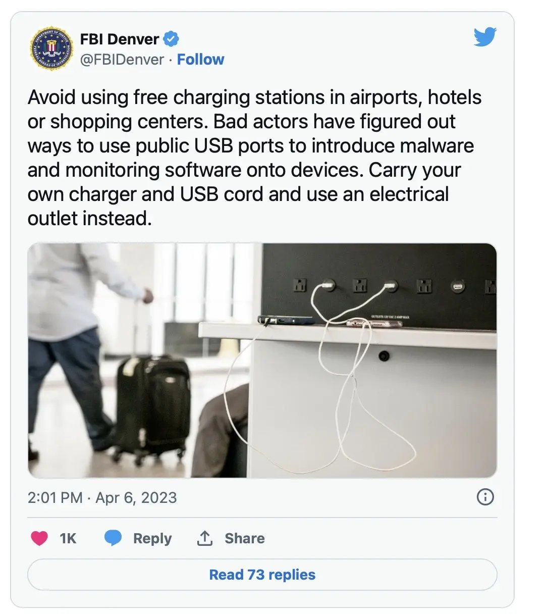 Arrêtez d'utiliser les chargeurs USB publics, demande le FBI !