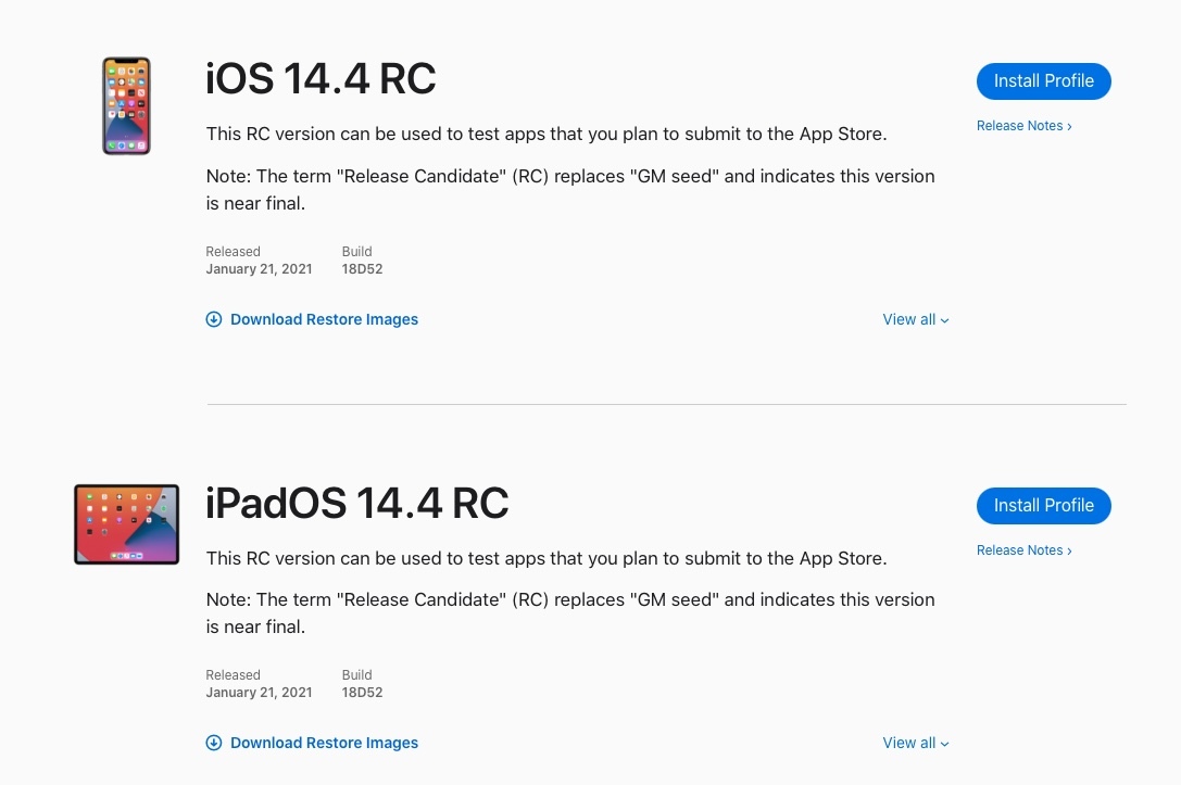 Une Release Candidate d'iOS/iPadOS/tvOS 14.4 et watchOS 7.3 pour les développeurs