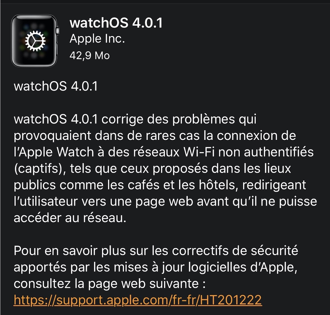 WatchOS 4.01 est disponible au téléchargement (et corrige le bug du WiFI des Apple Watch 4G)