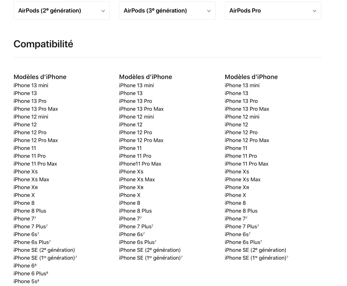 Les AirPods Gen3 nécessitent un appareil compatible iOS 13 pour fonctionner pleinement