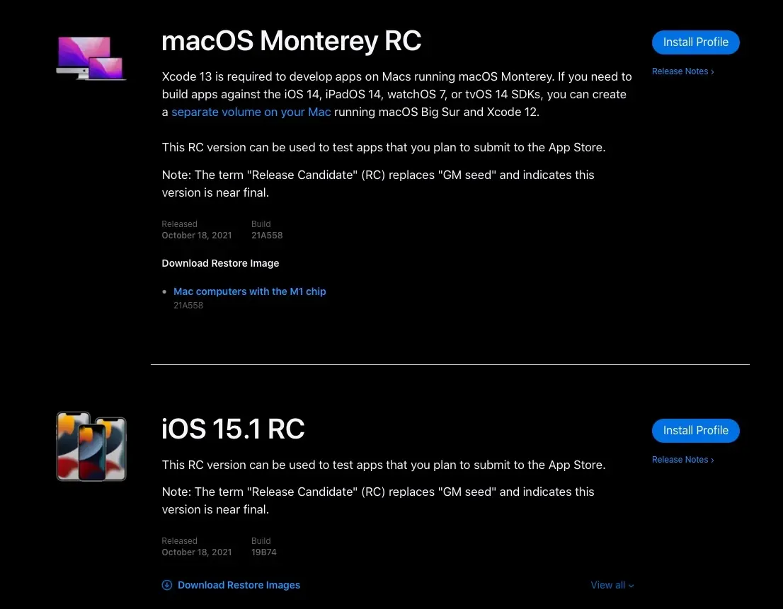 Une Release Candidate pour iOS/iPadOS/tvOS 15.1, watchOS 8.1 et macOS Monterey