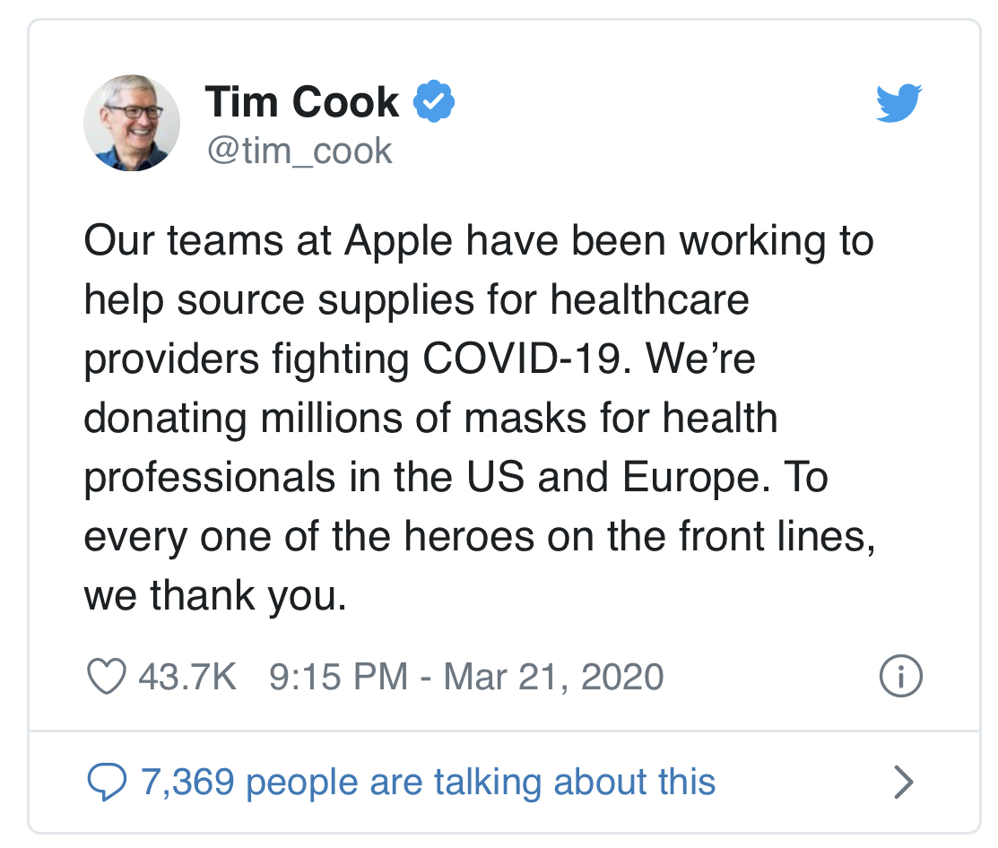 Apple donne des millions de masques &agrave; l'Europe