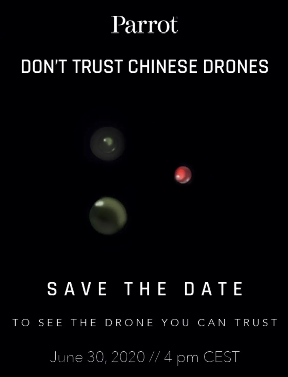 Parrot annonce un événement le 30 juin "Ne faites pas confiance aux drones chinois !"