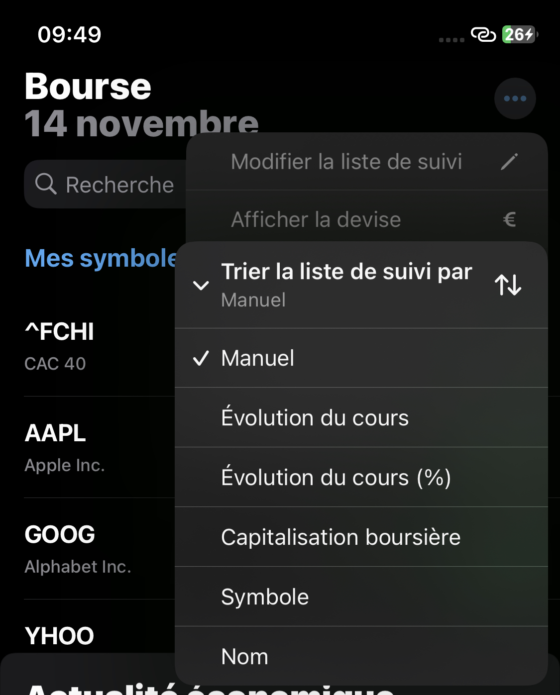 iOS 16.2 relooke l'app Bourse (widget sur écran verrouillé, présentation des listes)