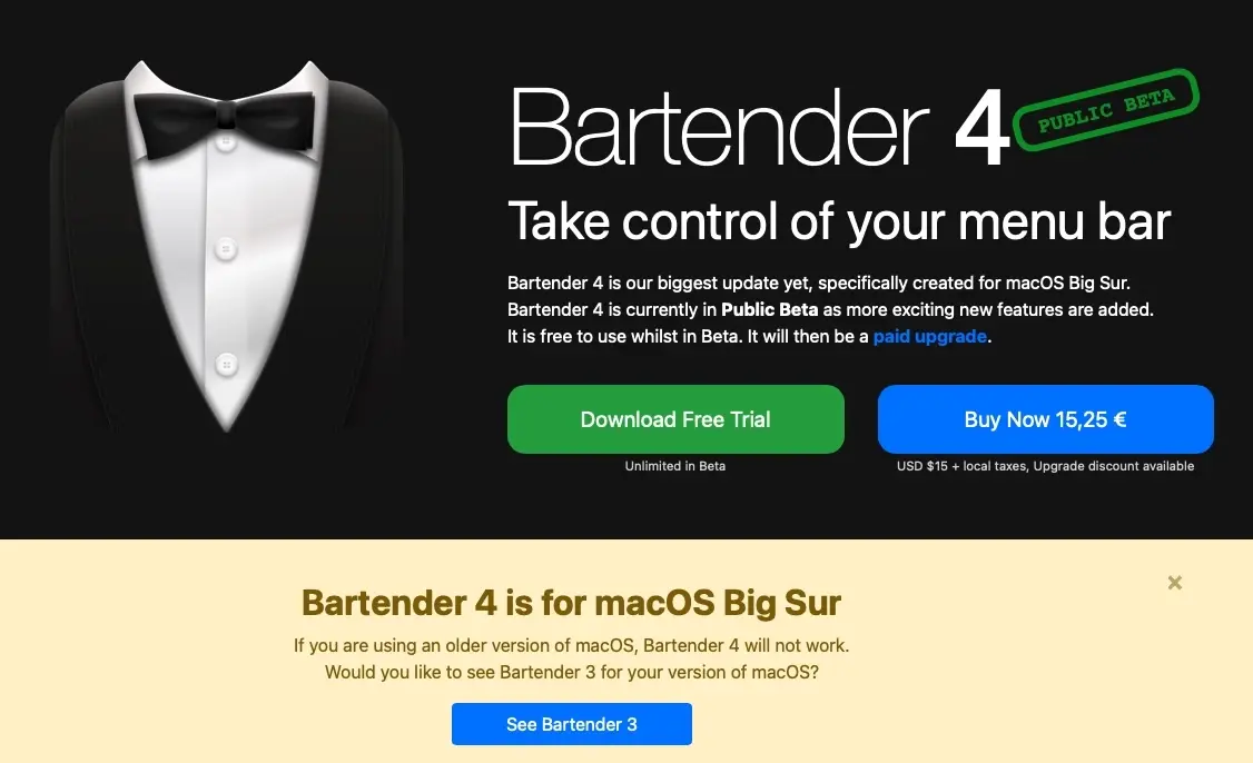 Bartender 4 : un utilitaire pour personnaliser la barre des menus de Big Sur (bêta)