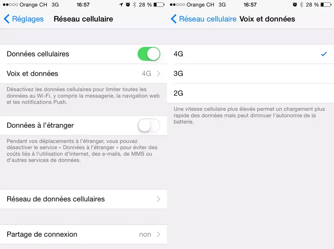 iOS 8.3 donne le choix entre la 2G, 3G et 4G pour la voix et les données