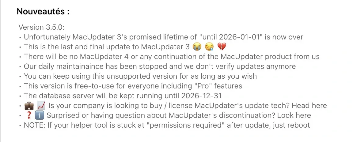 MacUpdater&nbsp;: la fin approche, l&rsquo;application ne sera plus mise &agrave; jour