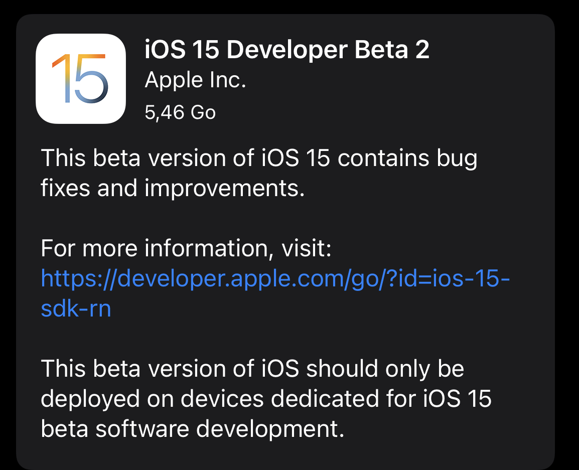 Une nouvelle version de la bêta 2 d'iOS/iPadOS 15 pour les développeurs