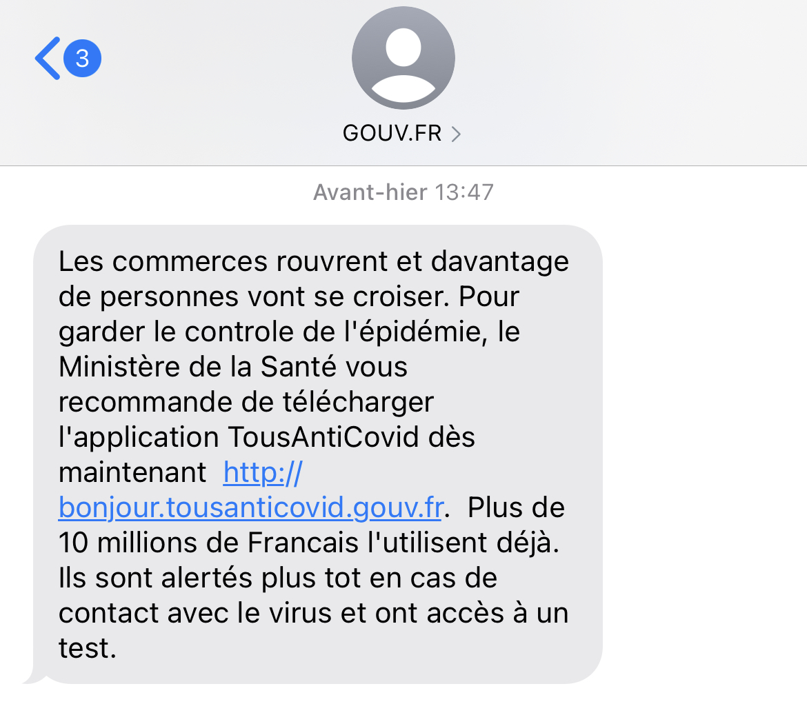 Comment sont envoyés les SMS pour encourager à télécharger TousAntiCovid