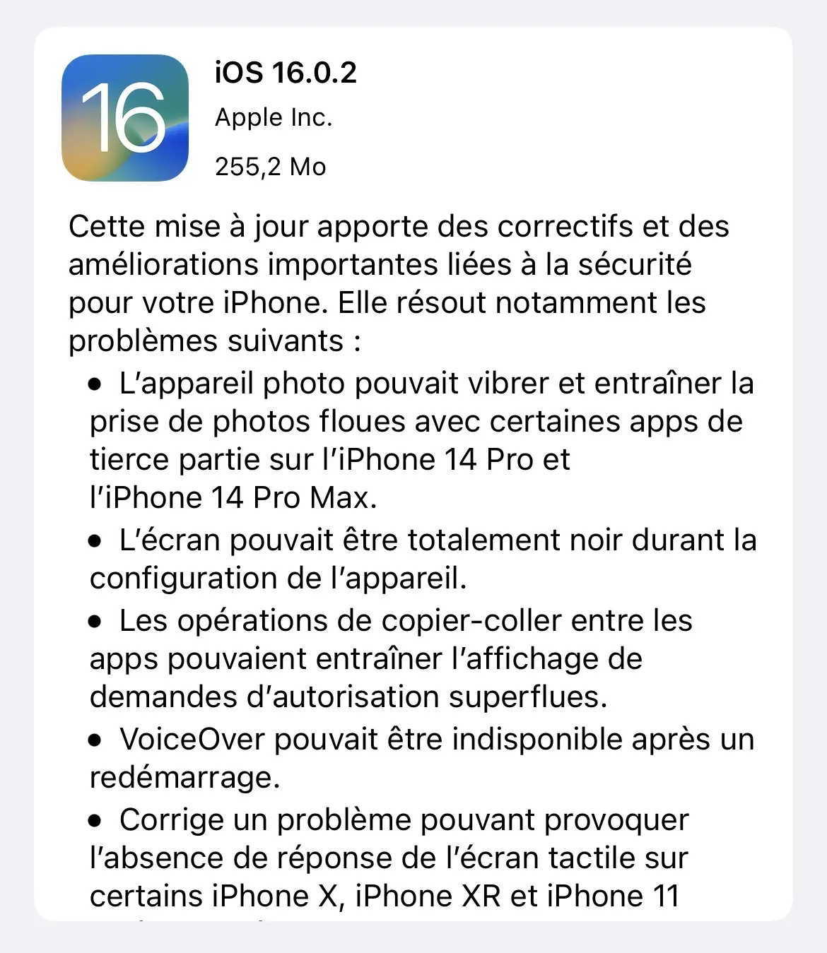 iOS 16.0.2 corrige les bugs du tremblement, du transfert rapide et du copier-coller