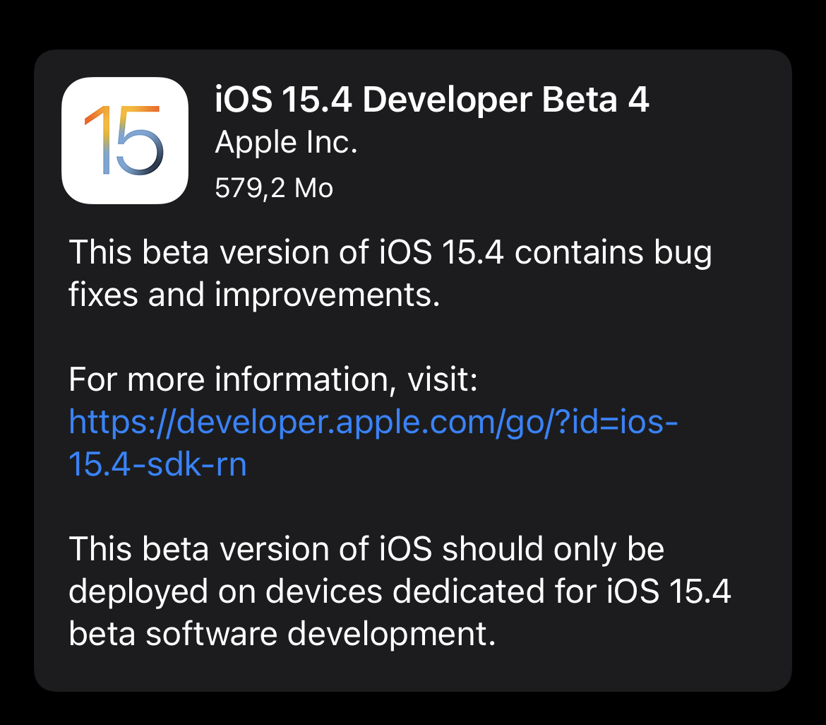 Apple déploie la quatrième bêta d'iOS/iPadOS/tvOS 15.4, watchOS 8.5 et macOS 12.3