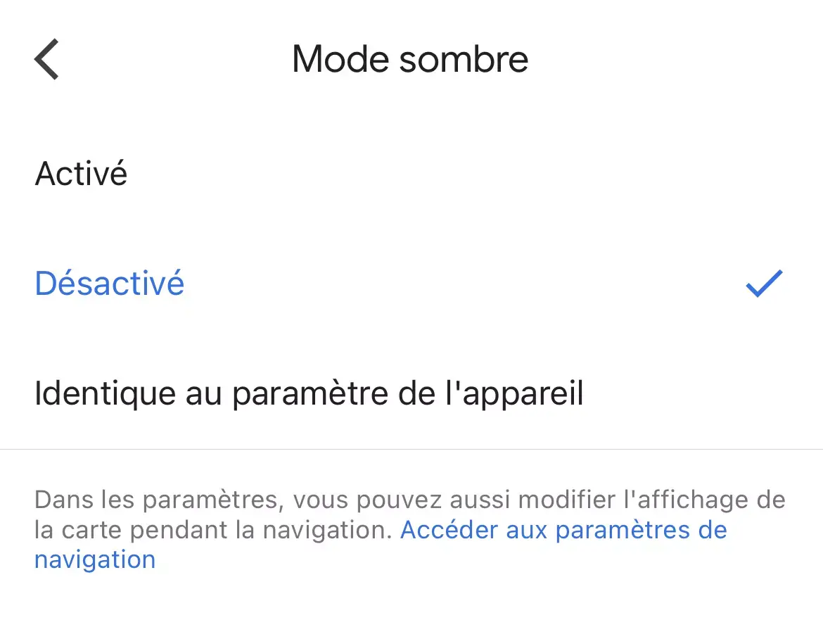 Google maps active son mode sombre sur iOS