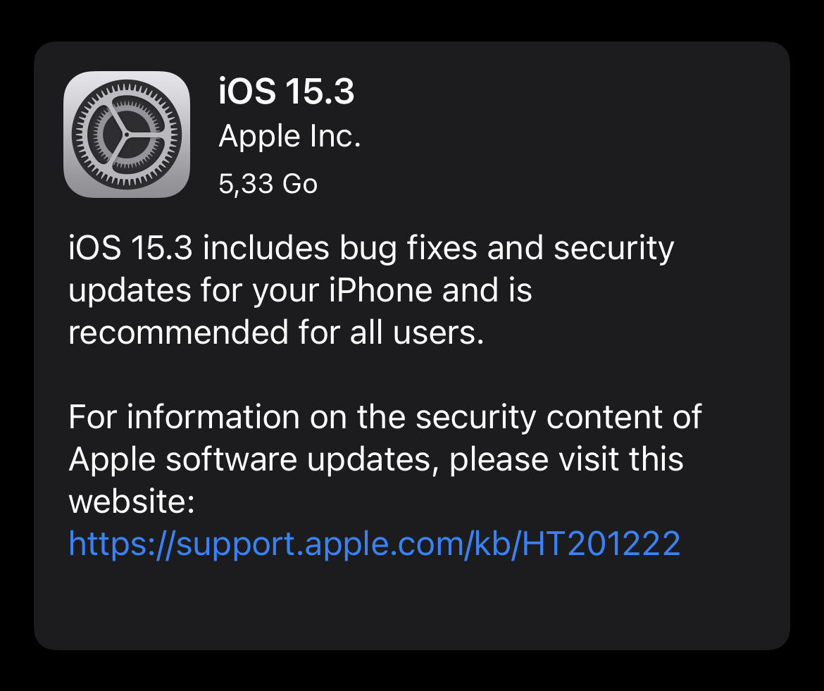 Apple propose les Release Candidate d'iOS/iPadOS/tvOS 15.3, watchOS 8.4 et macOS 12.2