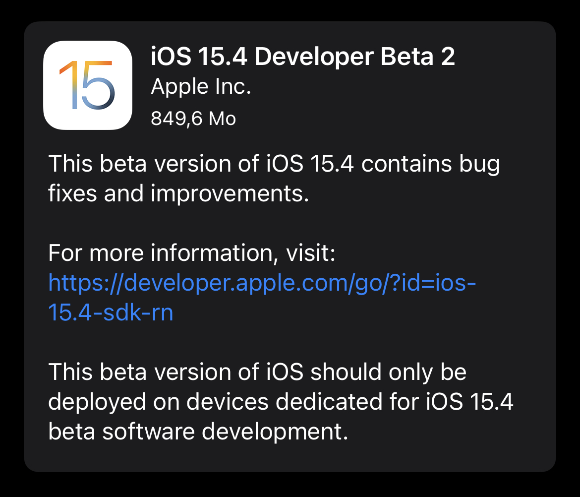 Apple déploie les secondes bêtas d'iOS/iPadOS/tvOS 15.4, watchOS 8.5 et macOS 12.3