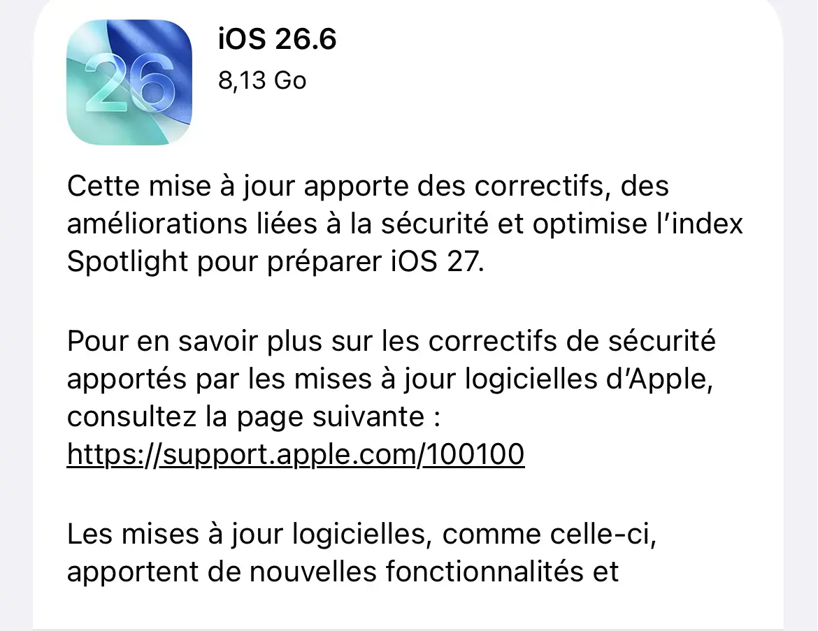 iOS 26.6 pr&eacute;pare d&eacute;j&agrave; l'iPhone &agrave; installer iOS 27
