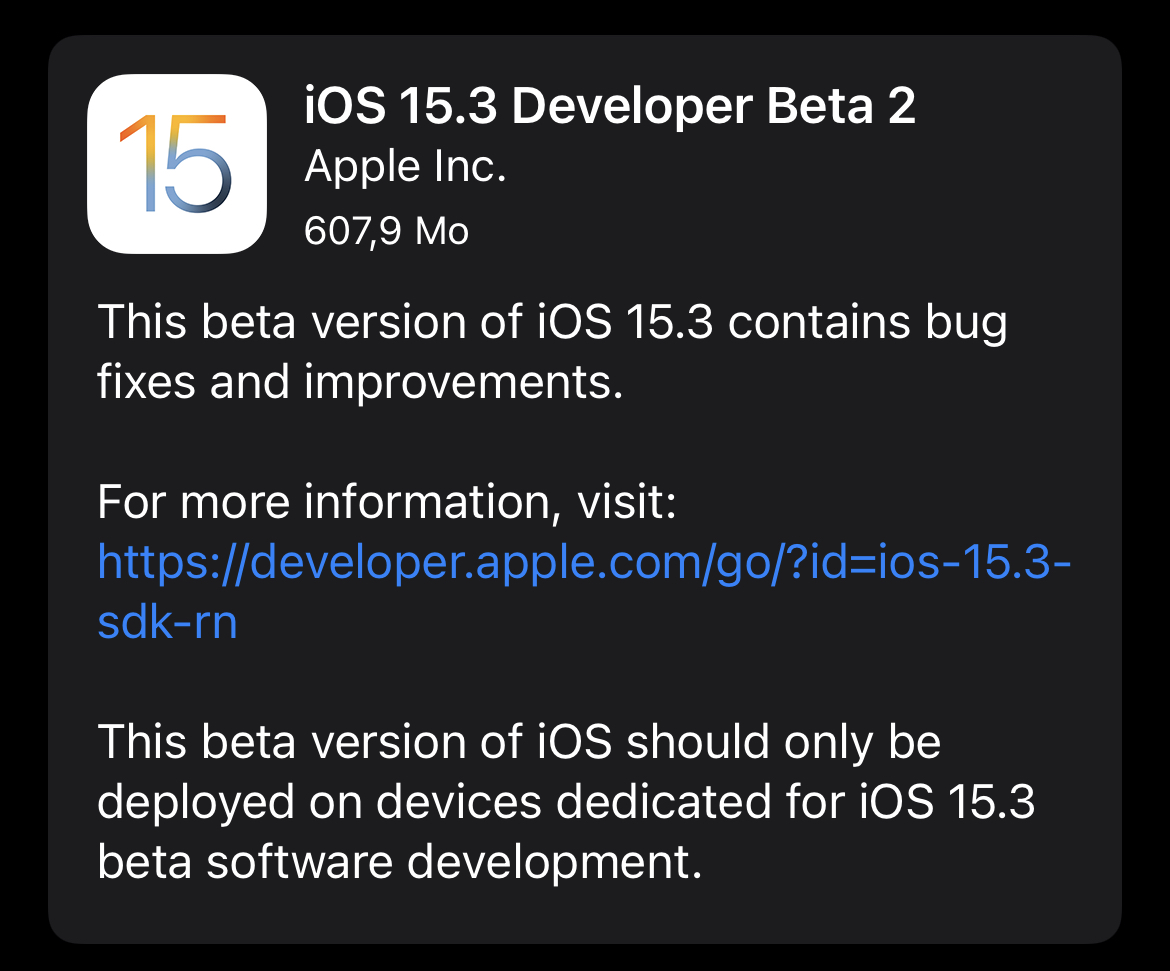 La seconde bêta d'iOS/iPadOS/tvOS 15.3 et watchOS 8.4 est disponible